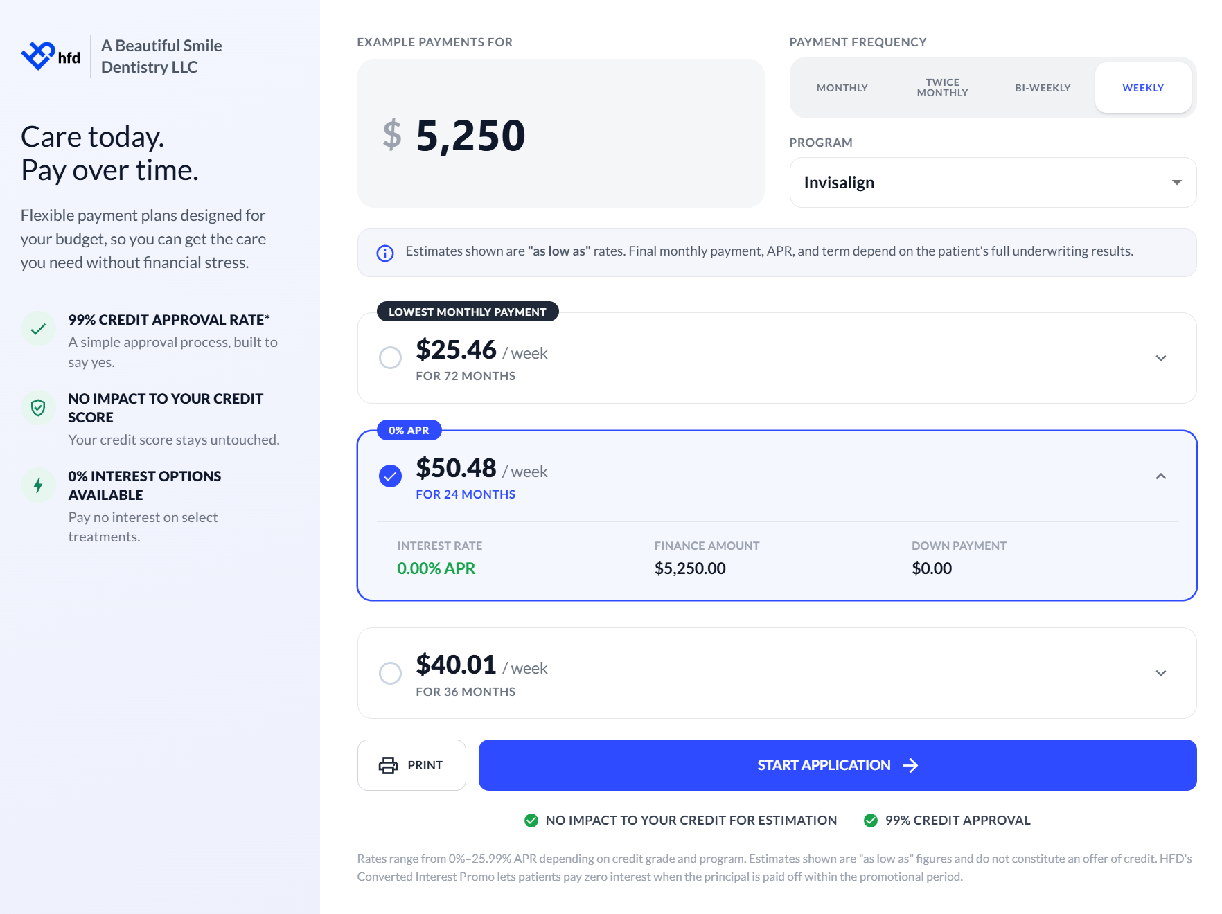 Affordable Invisalign Financing in Fort Lee NJ | HFD Payment Plans HFD Invisalign financing at A Beautiful Smile Dentistry in Fort Lee NJ, showing $25.46 weekly payments over 72 months and a 0% APR financing option.